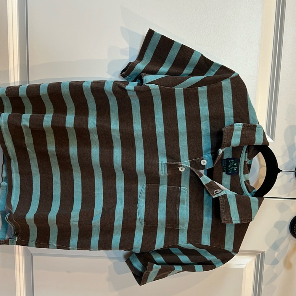 Mini Boden Boys Polo Shirt in turquoise and brown stripes. It’s in like-new